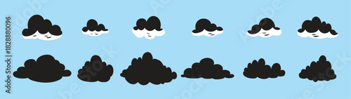 Set of cartoon clouds in flat style. black cloud collection Many white clouds for design. Minimalist black cloud silhouettes set, simple and elegant shapes, clean vector design, isolated on a white.