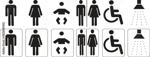 Restroom and Facility Icons Set — Male, Female, Baby Changing, Wheelchair Access, Shower Symbol Vector