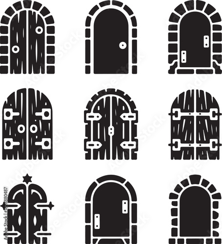 Collection of various stylized door vector graphics in black and white