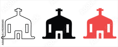 Three simple church icons with cross on steeple, isolated on