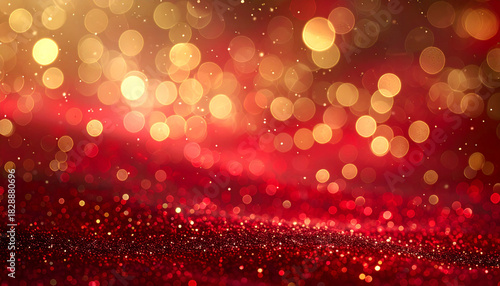赤と金の光がきらめく優雅なクリスマスボケ背景
– Elegant Christmas Bokeh Background in Red and Gold with Soft Sparkles