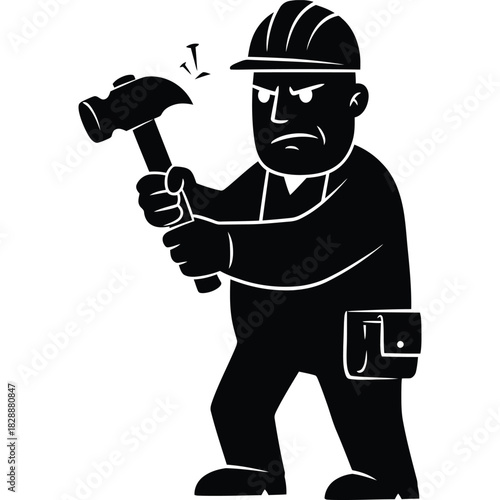 Cartoon Construction Worker with Hammer and Hard Hat Silhouette tool belt angry builder carpenter man