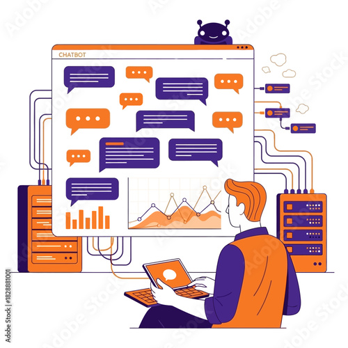 Analyzing Chatbot Data - A Man Interpreting Insights from a Chat Interface.