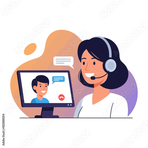 Friendly female call center agent with headset during online consultation.