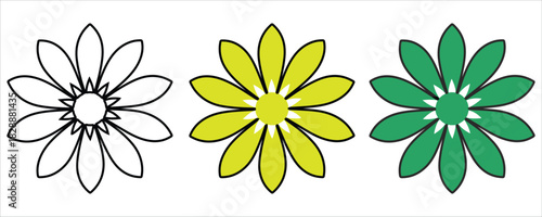 Three stylized flowers outline, yellow, green, isolated on