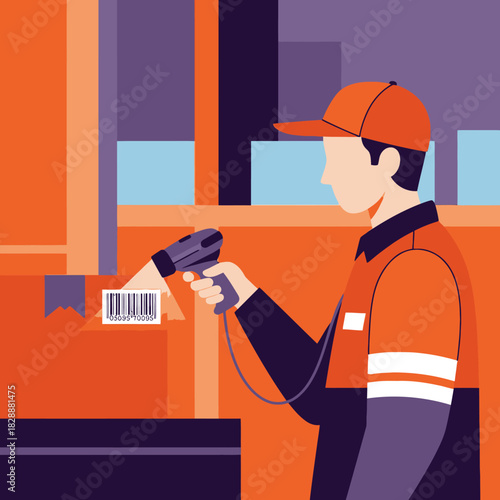 Delivery worker scans barcode on package with handheld scanner.