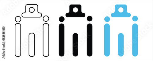 Collection of spray can icons in outline, black, and blue styles, isolated on