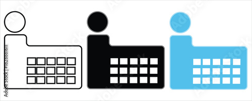 Three factory icons, outline, black, and blue, isolated on