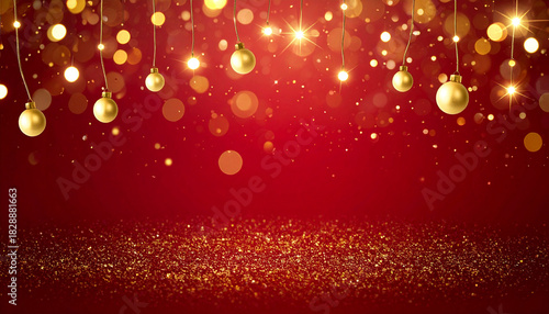 深紅に黄金の光が揺らめくラグジュアリーなクリスマス背景
– Luxury Christmas Background with Golden Shimmering Lights over Deep Red