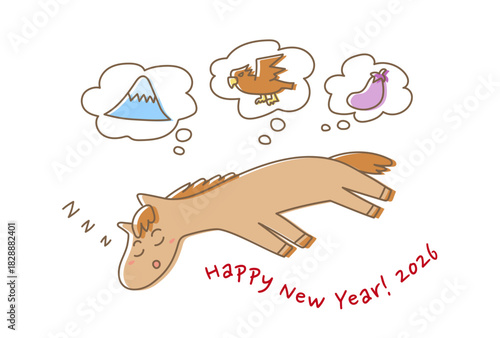 2026年午年の年賀状(初夢を見るゆるかわいい馬)