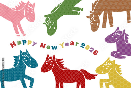 2026年午年の年賀状(カラフルな和柄の馬たち)
