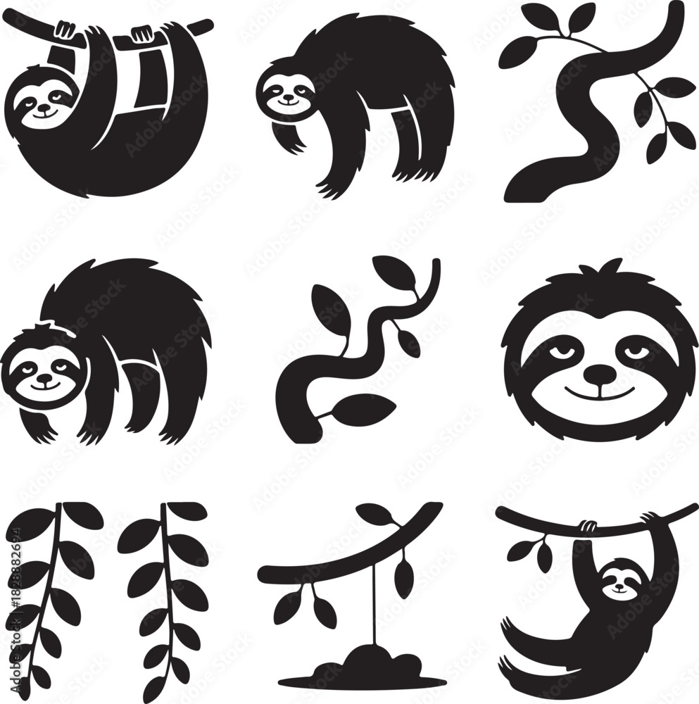 Naklejka premium Cute sloth silhouettes vector design element set black and white