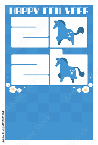 青を基調にした2頭の馬と2026年の新春シンプルイラスト