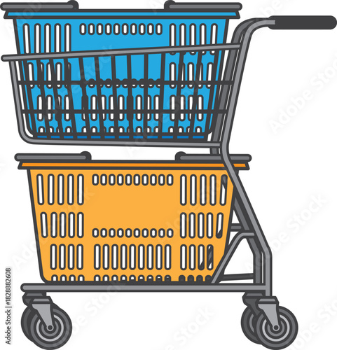 二段カゴのショッピングカートのイラスト（上段青・下段オレンジ）