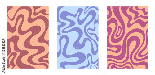 set of horizontal vintage bright abstract background in acid disco retro style with vibrant wavy shapes and bold color transitions. energetic psychedelic atmosphere in red and blue colors