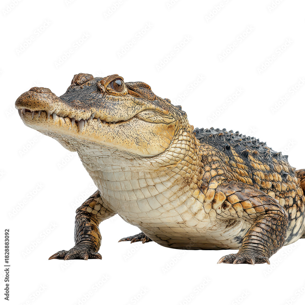 Fototapeta premium Caiman resting and looking calmly at the camera while displaying its patterned skin during a sunny day outdoors