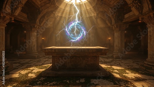 Altar in the old temple with sparkling circle of lightning above it, forming a portal, fantasy art background