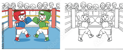Coloring book page for kids featuring two cartoon girls boxing in a ring with a crowd watching, split colorful and outline vector illustration for children education