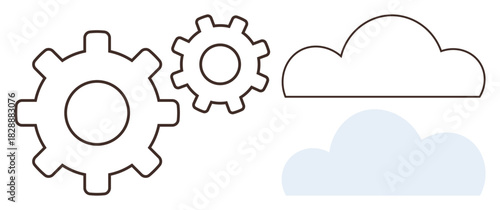 Two gear cogs with cloud outlines symbolizing innovation, collaboration, automation, and data sharing. Ideal for digital transformation, technology, teamwork, software development, cloud services