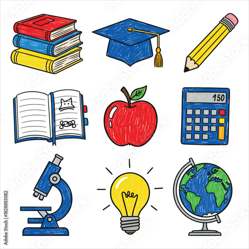 School and learning doodle icon set: books, globe, idea, apple isolated on white background, Vector