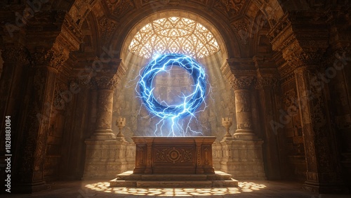 Altar in the old temple with sparkling circle of lightning above it, forming a portal, fantasy art background