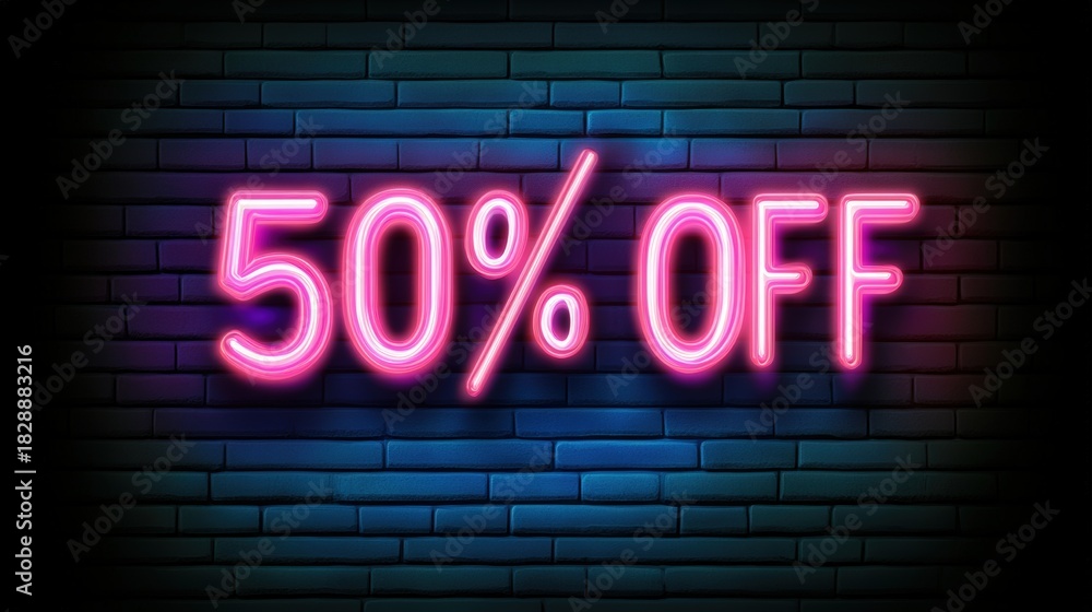 Obraz premium Bright neon sign displaying 50% OFF on a textured wall, ideal for promoting sales, discounts, or special offers in retail settings, e-commerce platforms, or marketing materials,