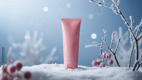 Pink cosmetic cream tube in a snowy winter wonderland setting