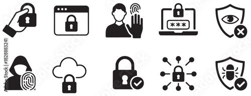 Security Icons Set – Lock, Fingerprint, Privacy, Access Control Symbols