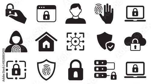 Security Icons Set – Lock, Fingerprint, Privacy, Access Control Symbols