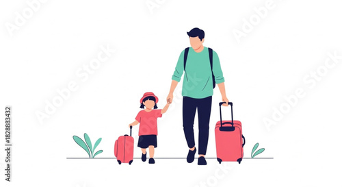 Adorable daughter and father travel companions with suitcases, creating heartwarming family vacation memories and inspiring wanderlust travel dreams
