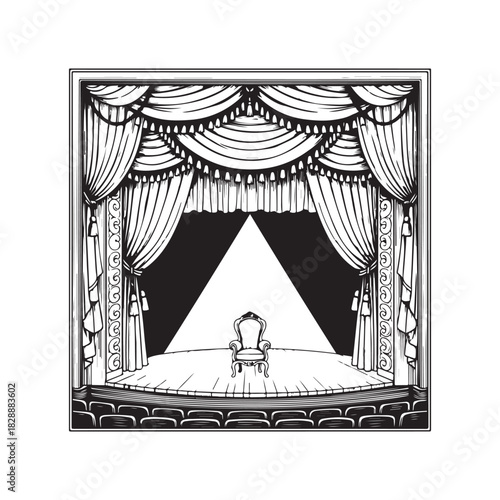 engraving vintage Line art theater stage seats arrangement curtain art vector	