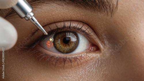 Anesthetic drops in the eye of a latina lady during laser vision correction procedure, close view background