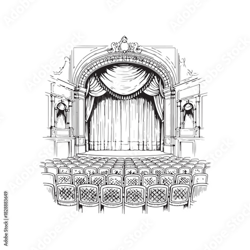 engraving vintage Line art theater stage seats arrangement curtain art vector	