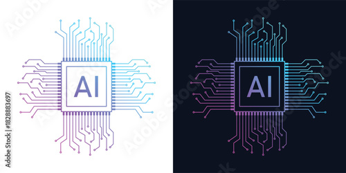 Artificial Intelligence AI Microchip with Neural Circuit Design. Vector Illustration of an AI Processor with Neural Circuitry Representing Machine Learning, Deep Learning and Intelligent Systems