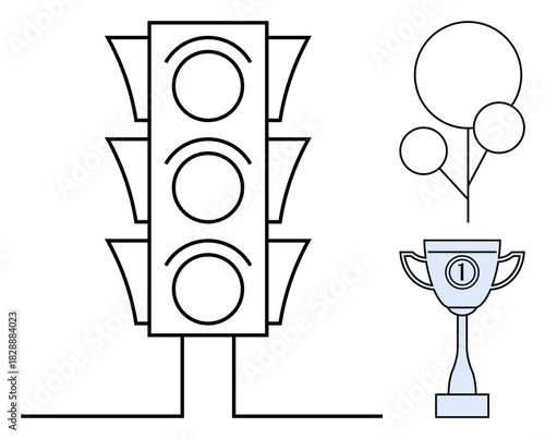 Traffic light concept. Traffic light with trophy and balloons, regulation, achievement, and celebration. Traffic light order with festive and success . For events, competitions, driving rules