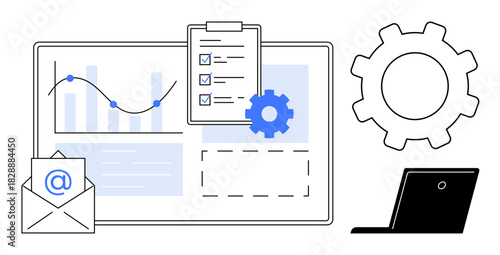 Dashboard with charts, checklist, email, gear, and laptop, representing data analysis, project management, automation communication productivity organization efficiency. Ideal for teamwork