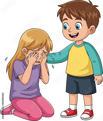 A kind, smiling cartoon boy comforting a sad, crying girl who is weeping on the ground while showing support, care, and strong friendship during a difficult moment.