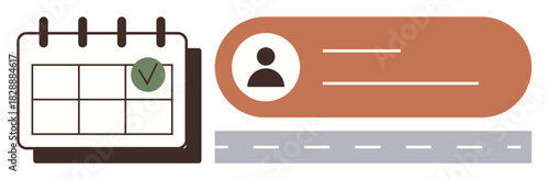 Calendar with checkmark for task completion, profile card, and road element. Ideal for scheduling, productivity, task planning, user profiles, navigation appointments. Simple flat metaphor