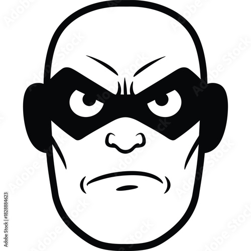 Cartoon face of a masked villain with angry expression character illustration black and white criminal