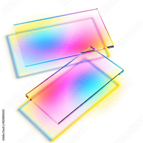 Transparent glass panels with colorful light reflections isolated on white background