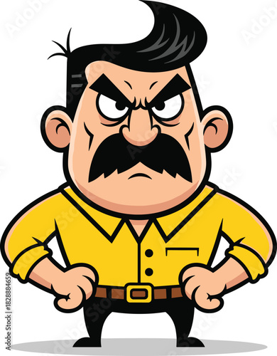 Angry cartoon man with a big mustache and pompadour hairstyle, standing with hands on hips and a furious, disappointed, or menacing facial expression showing extreme irritation.