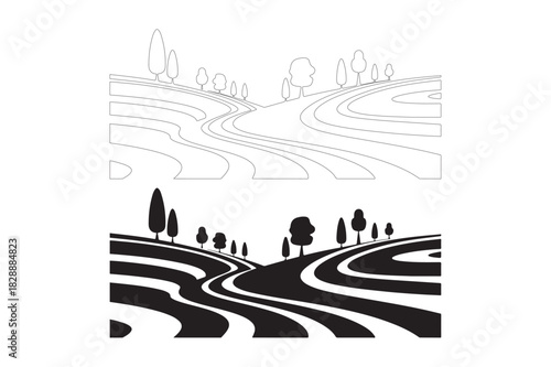 Stylized black and white landscape with winding roads and trees