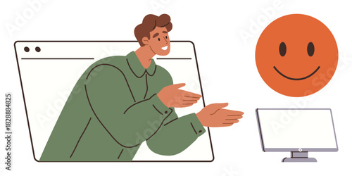 Virtual meeting with a person emerging from browser, smiling face icon, and computer monitor. Ideal for online communication, feedback, e-learning, digital interaction, remote work, technology