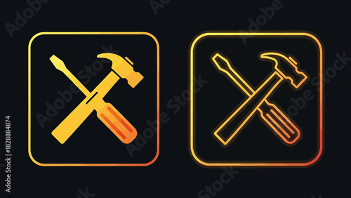 Glowing neon crossed hammer and screwdriver tools icon for repair