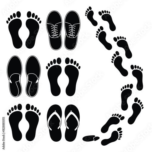 Collection of footprints and shoe prints in black silhouette
