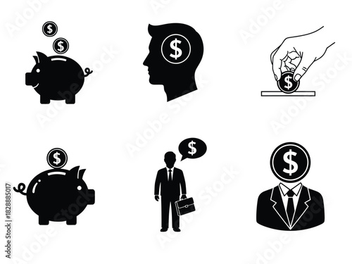 Set of black and white finance and money icon symbols