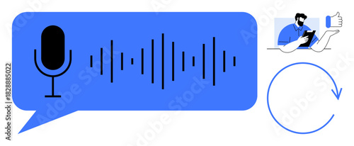 Microphone icon inside speech bubble with audio waves, man providing feedback, circular arrow. Ideal for communication, podcasting, AI processing, feedback systems, tutorials, digital messaging tech