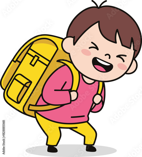 Cute cartoon little school boy struggling and straining under the weight of a massive, heavy yellow backpack, depicting overload, hard work, or back to school stress.