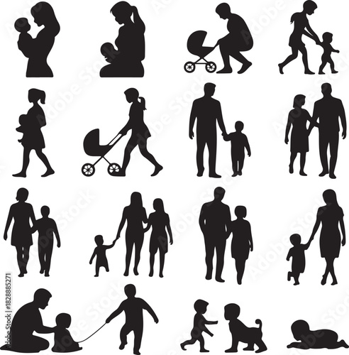 Family silhouette collection showing parents with children in various situations