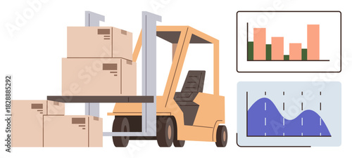 Forklift moving stacked boxes alongside bar and line charts analyzing data. Ideal for logistics, warehouse, inventory, supply chain, productivity, analytics, and data-driven workflow simple flat